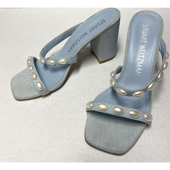 STUART WEITZMAN Pearlita Studded Denim Slide Sandal Light Blue Open Toe 10 - Picture 6 of 8